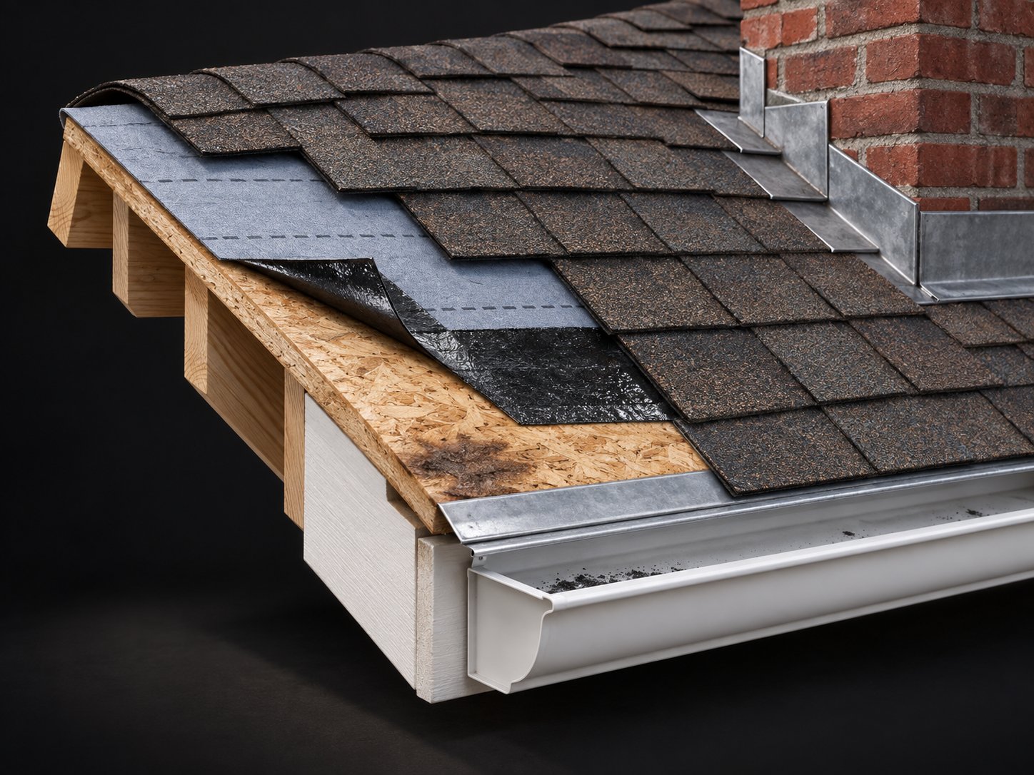 Cutaway of a roof corner at the eave showing, from top to bottom, architectural shingles, synthetic underlayment, black ice and water membrane, OSB decking with a water stain, rafter tails and white fascia, a metal drip edge and a K-style gutter, with step flashing against a brick chimney.